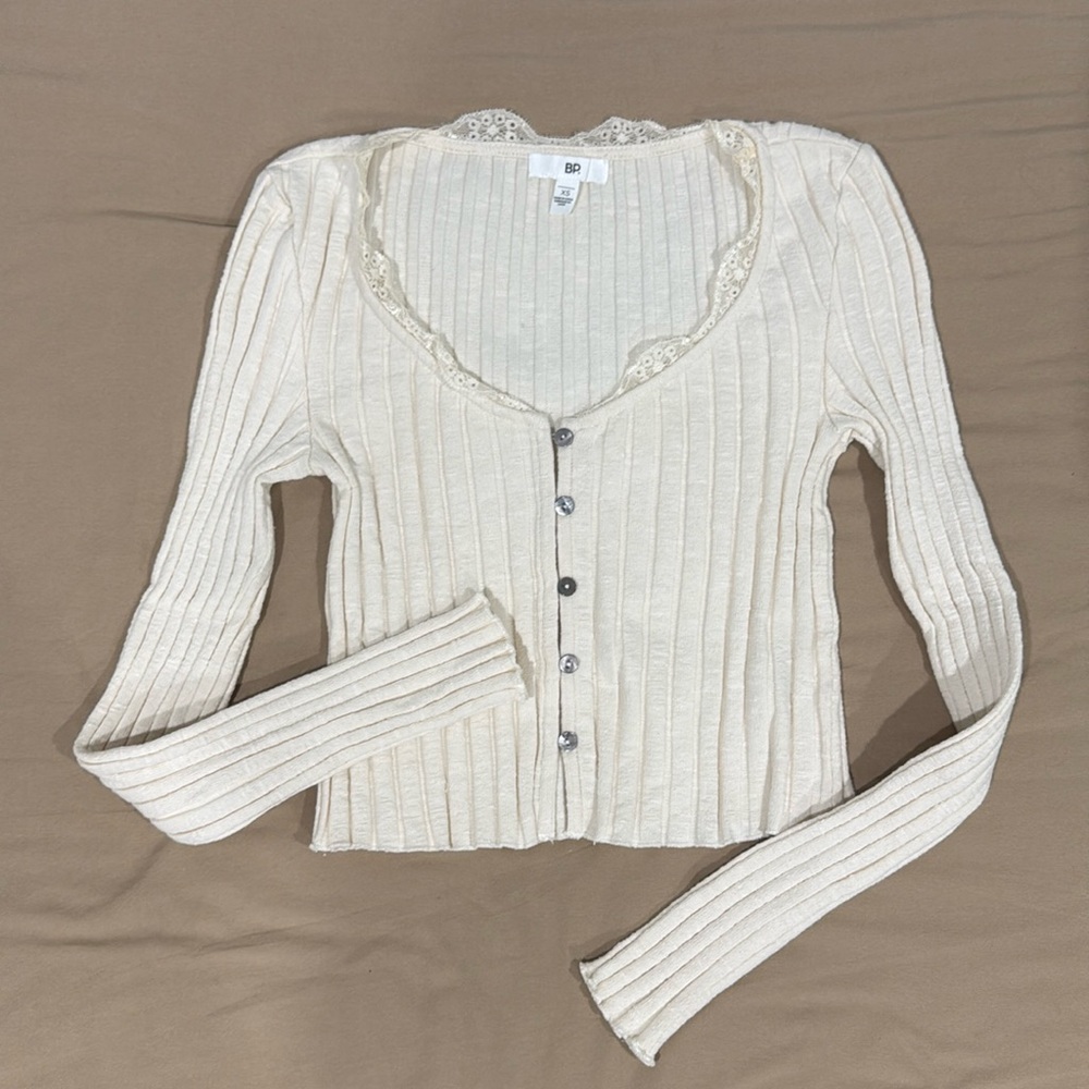 Neutral Ribbed Long Sleeve Top with Lace Trim [URBAN OUTFITTERS FOR EXPOSURE]